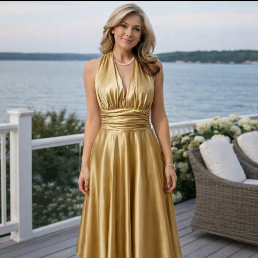 Aspeed Halter V Neckline Flowy Formal Wedding Guest style Dress Size L Formal